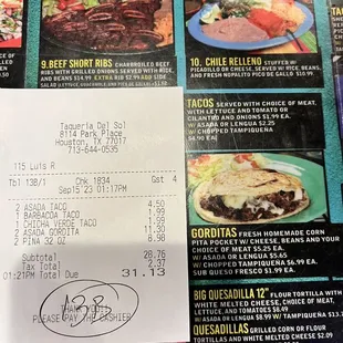 Difference in prices from menu versus what we were charged.