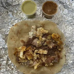 Bacon Egg &amp; Bean breakfast taco  Both sauces are excellent