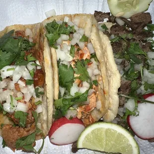 Al Pastor, Pollo and Carne Asada tacos