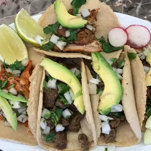 Combo #3. 5 Tacos w/ Rice and Beans and a Drink!