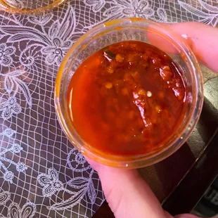 a person holding a bowl of salsa