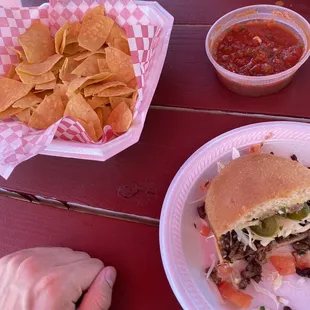 Chips, Salsa, Half of a carne asada torta