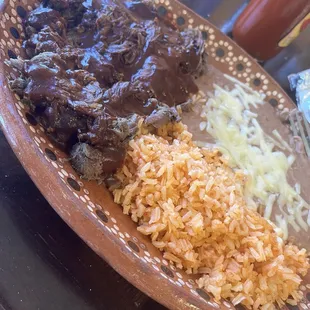 Shredded beef mole platter