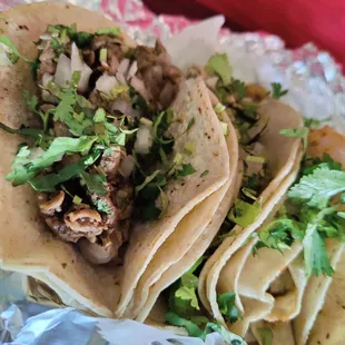 A variety of traditional tacos:  Beef and pork score: 0 out of 10 Shrimp score: 4 out of 10