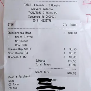 a receipt for a taqueria