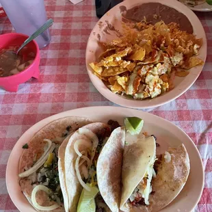 3 Campechanos tacos and a migas plate