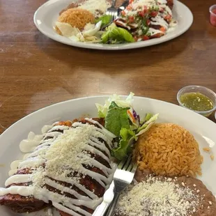 Enchilada Dinner Plate with Rice, beans, and salad.