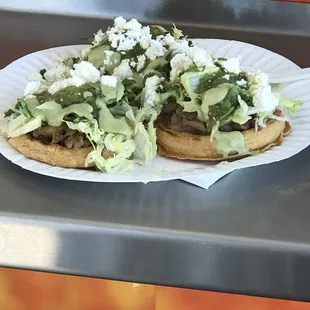 3 carne Asada sopes with salsa verde