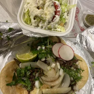 Chicken flautas and tacos de carne asada