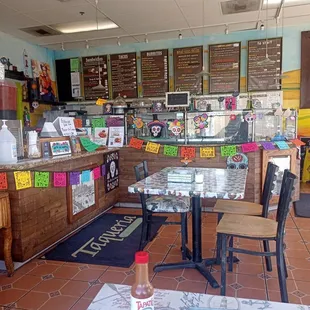 Interior of the restaurant, decorated for Dia de Los Muertes; lovely music playing in the background.