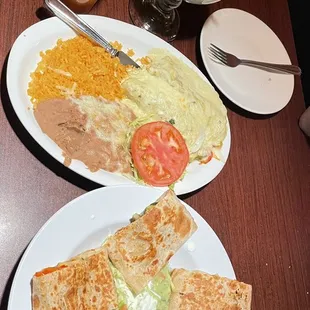 Veggie Quesadilla, Veggie Enchiladas with green creamy sauce