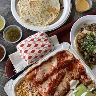 meat and cheese quesadilla, enchiladas with red sauce, regular tacos