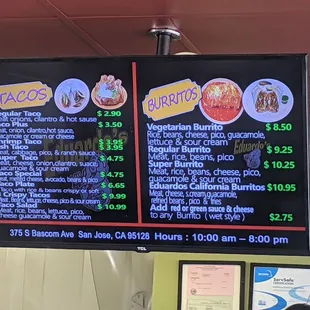 Taco and burrito menu