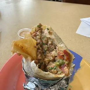 Chorizo with veggies breakfast burrito.
