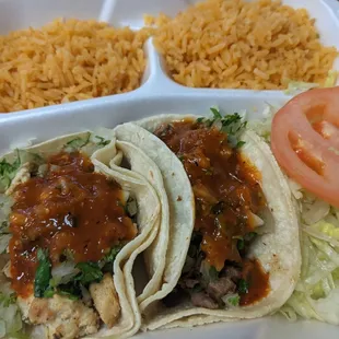 2 Tacos (grilled chicken and beef) (extra rice instead of beans)