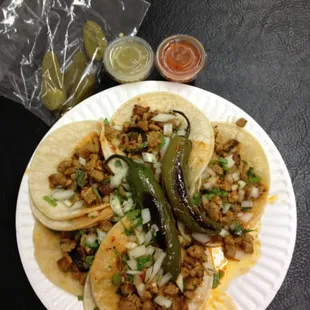 My regular; 5 spicy pork tacos. This time he hooked it up with 2 large jalapeños! Woot!!!