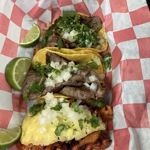 Steak and Al pastor tacos