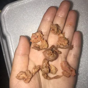 a person's hand holding a handful of fried shrimp