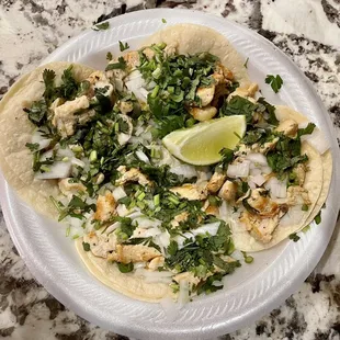 4 spicy chicken tacos (corn only tortillas)