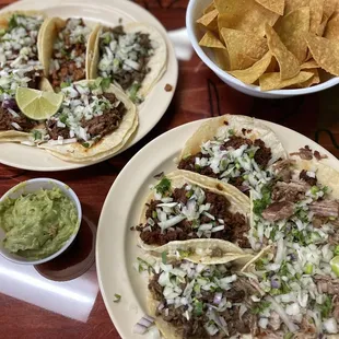 chips &amp; guac, tacos (birria, carne asada, carnitas, chorizo, and pastor)