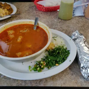 Menudo (large) and corn tortillas. $7.00.