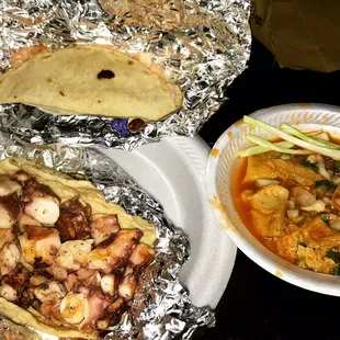 Ordered off menu. Octopus fajitas, shrimp quesadilla, and menudo. So delicious.