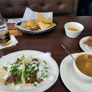 Carne asada tacos, charro beand and salso rojo