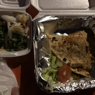 El Pastor tacos on left and el pastor quesadilla on right. Both yum!!
