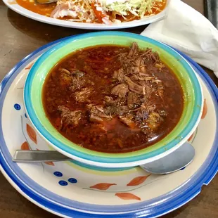 Delicious &apos;marinated beef&apos; soup -- hearty and fantastic after adding lime, onion and cilantro. Equally tasty tacos ahogados behind the soup