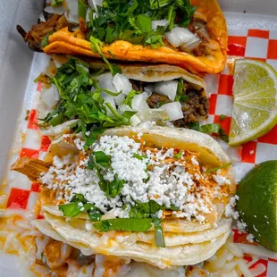 Spicy potato, chicken, steak, birria tacos