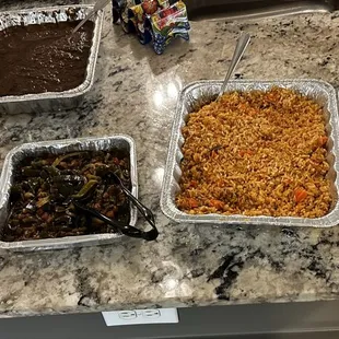 Steak, vegetarian, rice, black beans tortilla