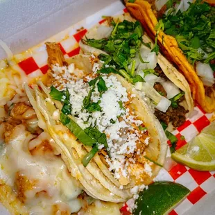 Spicy potato, chicken, steak, birria taco