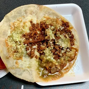 Pastor Quesadilla: Queso Quesadilla Cheese, Chili Marinated Pork, Shredded Cabbage, Green Salsa Sauce