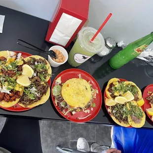 Al pastor tacos with pineapple, carne asada tacos, mulita de carne asada, asada, tripa, lengua and a Prime Ribeye taco!!