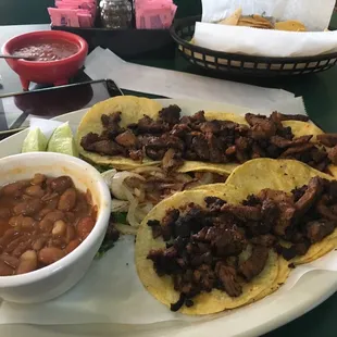 Al Pastor tacos with Charro beans