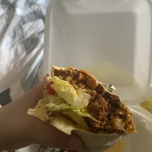 a hand holding a burrito