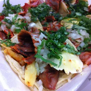 Close up of the pork and pineapple goodness of the  al pastor.