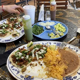 Pastor tacos rice and beans