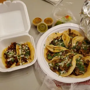 Left are shredded beef and spicy pork tacos. Right are 6 asada tacos