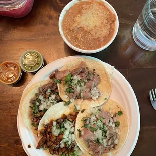 Lengua Taco, Al Pastor Taco, Carne Asada Taco, Refried Beans