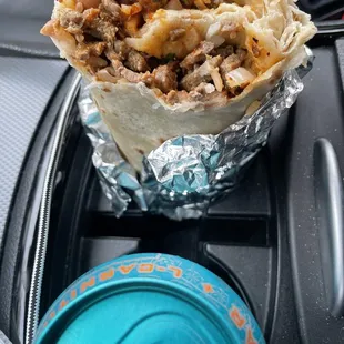 Carnitas burrito. Fits in cup holder!