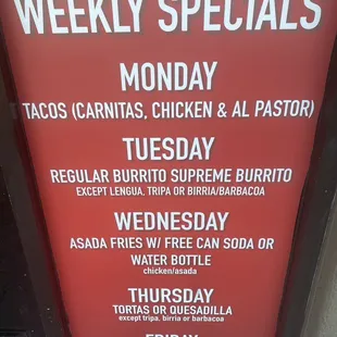 Weekly special menu