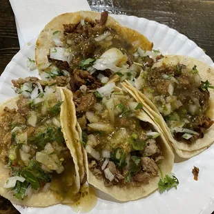 Chicken and Al Pastor Tacos with green salsa