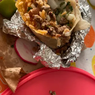 a burrito and a plate