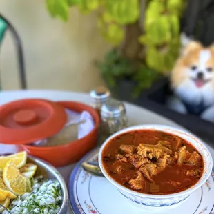 Menudo: Beef Tripe Soup w/ pata (pig's feet), requested no hominy, handmade corn tortillas | $14.95 (available everyday!)
