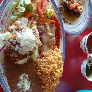Chicken sope, cheese enchilada, carne asada taco, beans&amp;rice