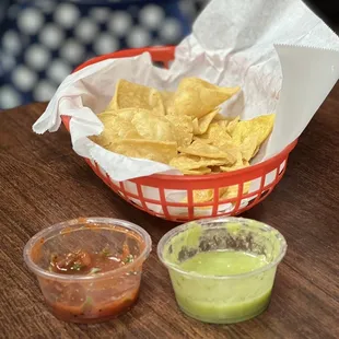 a basket of chips and guacamole