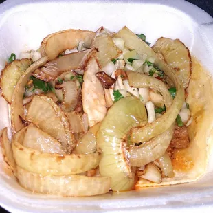 Two delicious tacos buried in the best grilled onions. Adobada &amp; chicken are my favorite. $1.59. 5/5!