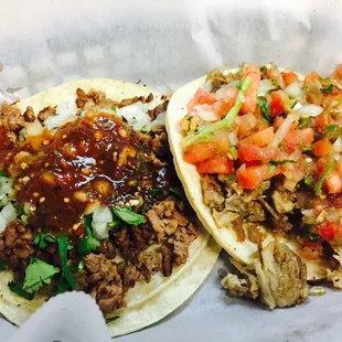 Carne asada and carnitas tacos