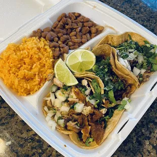 Taco dinner plate - pollo/chicken, pork/al pastor and steak/carne asada